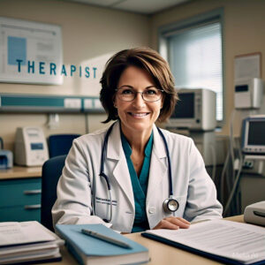 A woman sitting at her desk in the office