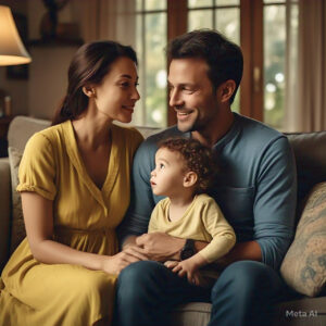 A man and woman sitting on top of a couch with a child.