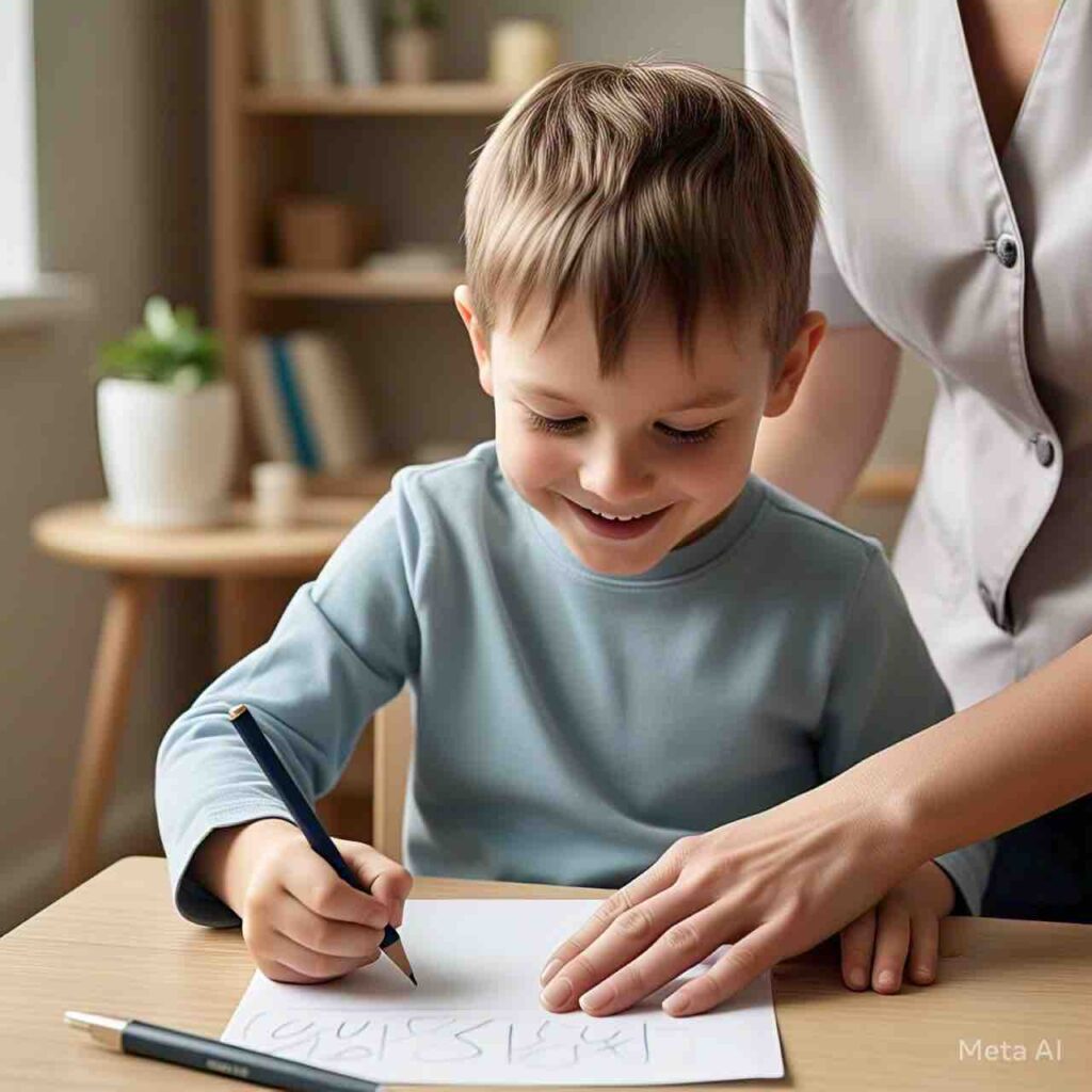 A woman helping a child with his homework.